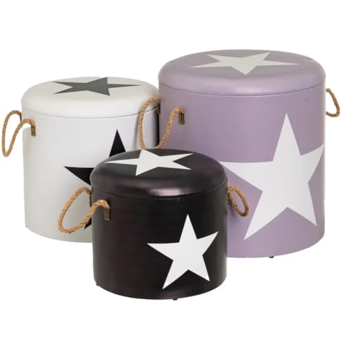 BAKAJI Juego de 3 Puf Contenedores Modelo Star con Estrella, Reposapiés Forma Redonda Grande Diseño Moderno Taburete Redondo con Tapa Extraíble y Asiento Acolchado, Decoración Interior