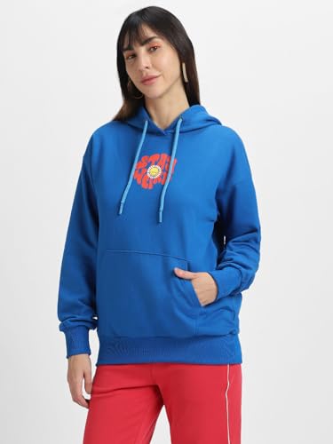 Image of JUNEBERRY Cotton Poly Fleece Oversized Fit Black, Green, Magenta, Mustard, Orange, Purple, Blue, Off White & Grey Graphic Printed Full Sleeve Hoodie for Women