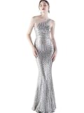 platlogy Women's Summer One Shoulder Long Formal Dresses Sleeveless Bodycon Wedding Guest Slit Maxi Dress Silver