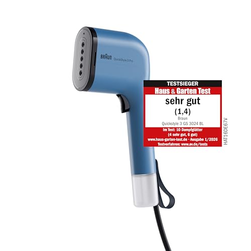 Braun QuickStyle 3 GS3024BL, kompakter und leichter Steamer, Dampfglätter mit schneller Aufheizung, Dampf 22 g/min, abnehmbarer 120 ml Tank, hitzebeständige Tasche, 1100W, Blau