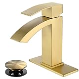 Jodulos Gold Bathroom Faucet, Waterfall Bathroom Sink Faucet with cUPC Supply Hose and Pop Up Drain, Single Handle Single Hole Modern Faucet for Bathroom Vanity