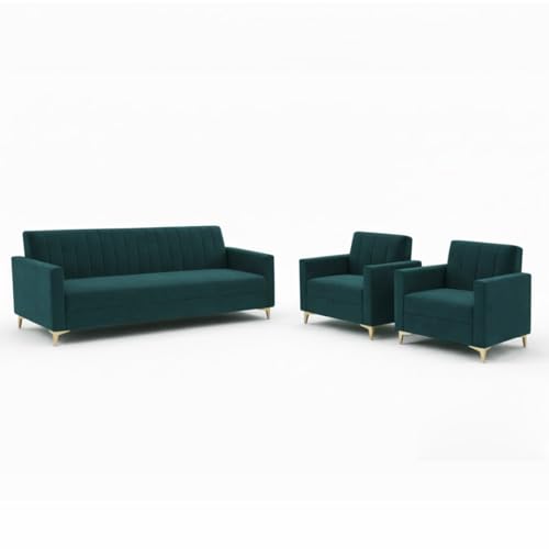 Image of Marvello 3+1+1 Fabric Sofa Set for Living Room | Soft Velvet Upholstery, Sturdy Wooden Frame | Stylish Sofa for Hall & Office Spaces (Green Teal)