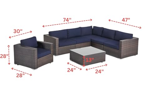Image of DEVOKO HDPE Wicker Rattan 4-Piece Outdoor L-Shape Sectional Sofa Set with Chair and Glass Top Center Table for Patio, Garden, Deck, Lawn, Backyard, Terrace (Dark Brown & Navy Blue)
