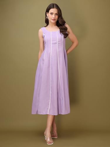 Image of PURVAJA Women's Round Neck Flared Cotton Blend Dress (Floe-043-045)