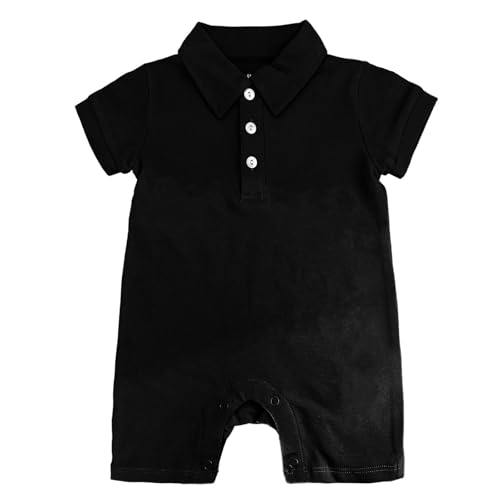DEFAHN Baby Boy Romper Short Sleeve Pique Polo Bodysuit Jumpsuit Solid Collared Onsies Infant One-Piece Outfit (Black Polo, 12-18 Months)