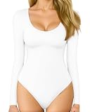 MANGOPOP Women's Scoop Neck Long Sleeve Bodysuits Ribbed Top,white,S