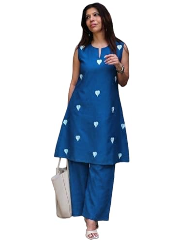 Image of ANNI Designer Kurta Set for Women Cotton Blend Embroidered | Kurti Set for Woman | Farshi Salwar Suit Kurta Palazzo Outfit | Round Neck V Slit Sleeveless Regular Fit Ethnic Dress Stylish Clothing