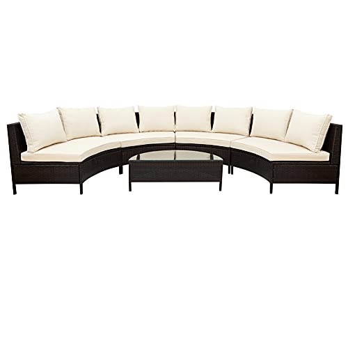 Yswh 5-Piece Half Moon Outdoor Sectional Sofa Set, Patio All-Weather Pe Wicker Furniture With Pillows, Cushions And Half-Moon Tempered Glass Table,Beige #TOP3