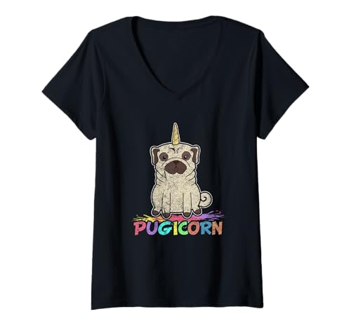 Mujer Pugicorn Pug Unicorn, divertido perro, mamá, amante de las mascotas, lindo amante de los pug Camiseta Cuello V