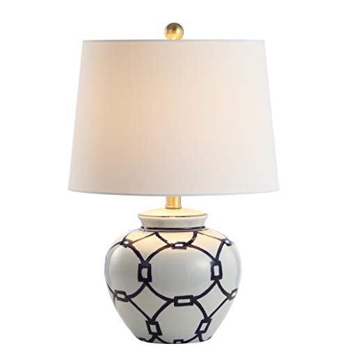 SAFAVIEH Lighting - Anders 21" Blue & White Geometric Ceramic Table Lamp with White Shade, Modern Bedroom Living Room Home Office Lighting, LED Bulb Included (TBL4188A)