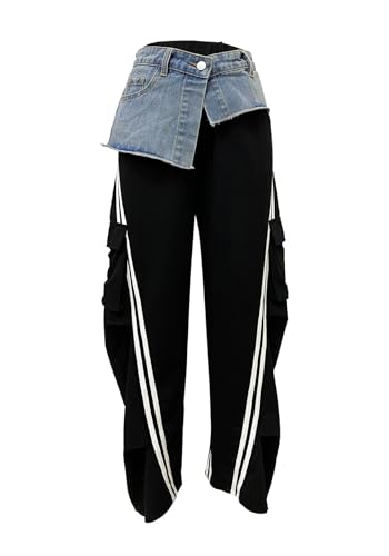 Womens Denim Patchwork Striped Sweatpants Casual Wide Leg Baggy Elastic High Waisted Pants with Pockets