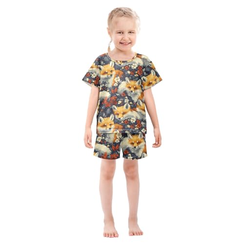 ALAZA Flower Blossom Animal Fox Pajamas Set Short Sleeve Cotton Sleepwear Summer Pjs 2 Piece 5-14Y3