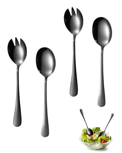 HUVZOR 4 Pezzi Posate Insalata, 2 Cucchiai da Insalata e Set di 2 Forchette da Insalata, Set di Posate per Insalata Lucidato e Rettificato con Rivestimento Antiaderente per Ristoranti, Case(Nero)