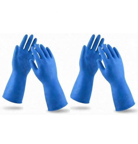 Image of LADWA Premium Rubber Cleaning Gloves, Blue Color Reusable Waterproof Household Gloves for Kitchen Cleaning, Dishwashing, Gardening and Bathroom Use (Pack of 2 Pairs)
