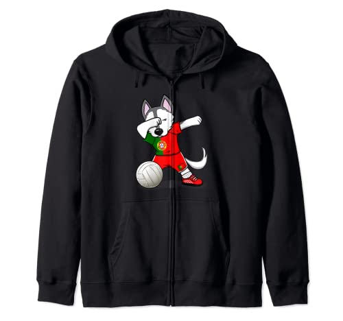 Funny Dabbing Husky Dog Portugal Volleyball Fans Jersey Flag Zip Hoodie, Black