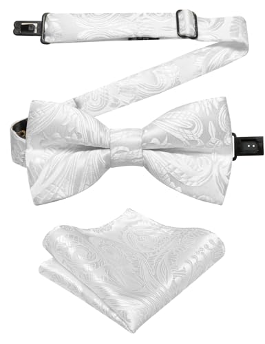 DiBanGu Boys Pre-tied Bow Tie,Silk Adjustable Bowtie and Pocket Square for Age 8-14 Kids Bowtie Wedding School Ceremony Party, White