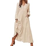 Baimiu Linen Maxi Dress for Women Long Boho Dresses Casual Long Sleeve V Neck Dress Flowy Beach Pleated Sundress with Pockets Beige