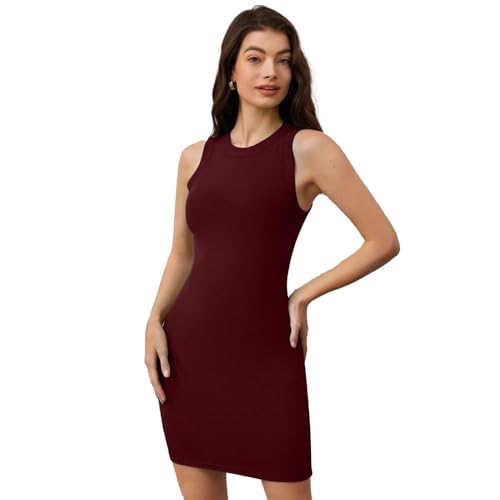 Image of Solid Sleeveless Round Neck Ribbed Western Bodycon Dress For Women