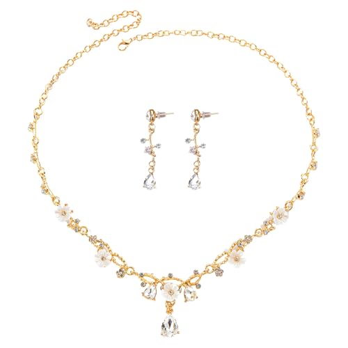 Juego de joyas para dama de honor con collar floral y aretes de diamantes de imitación dorados