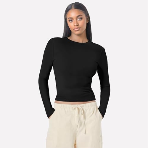 Pack de 3 camisetas básicas de manga larga para mujer, corte ajustado, color negro y blanco, manga larga, cuello redondo, camiseta interior elegante, sexy, manga larga, camiseta interior térmica