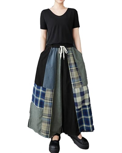 ellazhu Women's Pants Patchwork Two Side Pockets Wide Leg Elastic Waist Baggy Straight Hem Casual GZ428 A