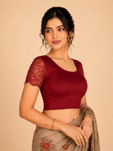 Image of Abhi Cotton Readymade Saree Blouse for Women- Half Net Sleeves, Round Neck, Regular-fit, Stretchable, Pull-on Style Blouse