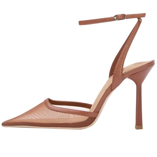 YIYA Women's Mesh Closed Pointed Toe Ankle Strap Heels Slingback Stiletto Kitten High Heels Party Dress Pumps Shoes