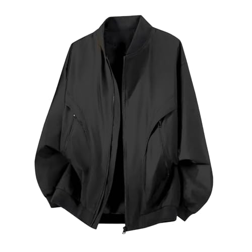 Men Solid Color Round Neck Work Jacket Long Sleeve Casual Fashion Coat with Zipper Pockets