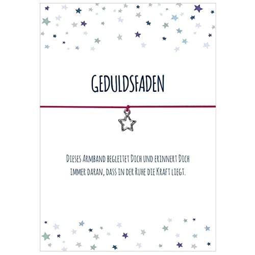Glücksschmiedin - Geduld Geschenk, Geduldsfaden Armband mit Stern Anhänger versilbert und Grußkarte, handgefertigt Pink Cover