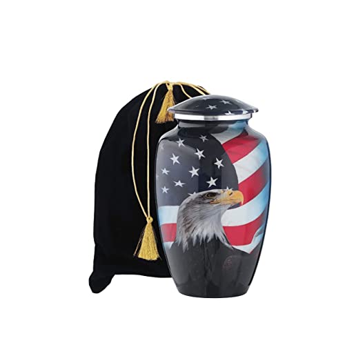 Eagle with American Flag Adult Cremation Urn for Human Ashes, Patriotic and Veteran Cremation Urns, Perfect Tribute to Honor Your Loved One - w Velvet Bag Large 11x7 in 200 Cubic in