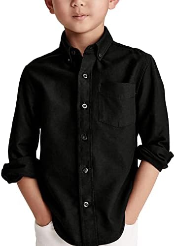 Boys' Long Sleeve Dress Shirts Classic Collared Button-Down TShirt Solid Cotton Top with Chest Pocket