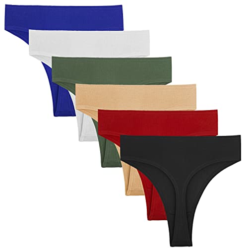 Image of 6 Pack Women's Ribbed Cotton Thongs High Waist Panties Underwear | GAREDOB 6 Pack Women's Ribbed Cotton Thongs High Waist Seamless Panties Plus Size High Rise No Show Underwear
