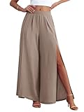 POKWAI Womens Summer Beach Pants Split Leg Flowy Pants Casual Palazzo Pants Split Wide Leg Pants for Women(Wheat,X-Large)