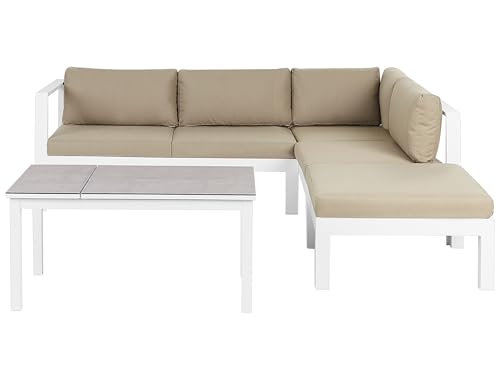 Beliani Ensemble de Jardin 5 Places Table avec Plateau en Verre et Coussins Blanc et Beige Sable Messina