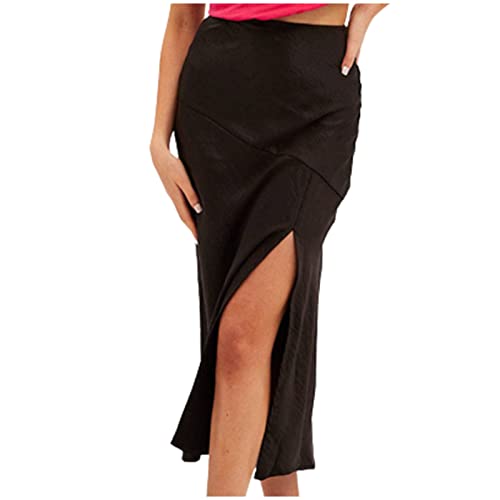Women Solid High Waist Silky Casual Elastic Satin Midi Skirt Side Split Flowy Flared A-Line Wedding Elegant Skirts