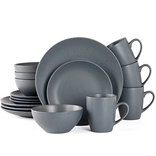 Famiware 16 Piece Moon Dinnerware Sets, Kitchen Plates And Bowls Set For 4, Dish Set With Speckled Design, Microwave And Dishwasher Safe, Light Gray #TOP1