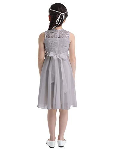 Nimiya Kids Girls Sleeveless Lace Chiffon Flower Girls Dress Sequins Rhinestone Skirt Bridesmaid Wedding Formal Ball Gown Gray 16 #TOP3