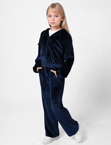 Happy Cherry Girls 2 Piece Velour Fleece Sweatsuit Kids Winter Warm Hooded Clothes Set Sports Velvet Zip Up Tracksuit2