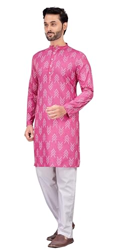 Image of Studio Shringaar Men's Cotton Blend Relaxed Fit Ikat Printed Knee Length Kurta
