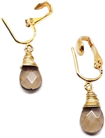 Smoky Quartz Briolette Silver-Tone Copper Gunmetal Brass Clip On Non-Pierced Earrings Wire-Wrapped