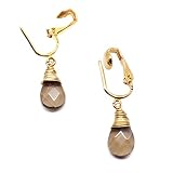 Smoky Quartz Briolette Silver-Tone Copper Gunmetal Brass Clip On Non-Pierced Earrings Wire-Wrapped