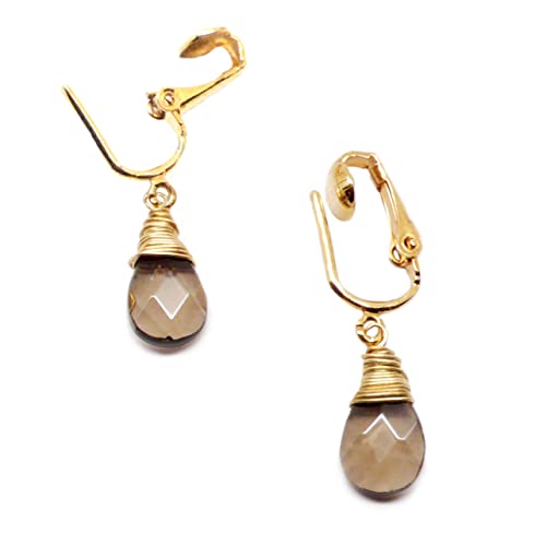 Smoky Quartz Briolette Silver-Tone Copper Gunmetal Brass Clip On Non-Pierced Earrings Wire-Wrapped #TOP1