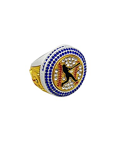 Discount Sports Rings Deluxe Batter Ring, WHITE CHAMPION BLUE STONES, Premium Softball Baseball Tournament Rings 28-07