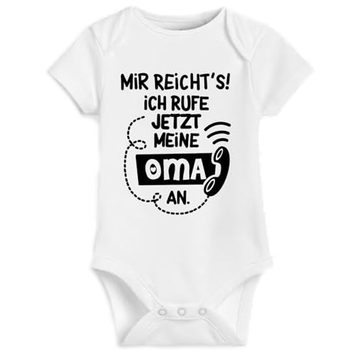 mydesignhub Baby Body Weiß mit Lustigem Spruch Mir reichts ich rufe jetzt meine Oma an Lustig Motiv Sprüche Strampler Kurzarm fun Babybody Baumwolle Druckknöpfe Geschenk (3-6 Monate)
