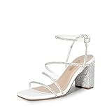 DREAM PAIRS Women's Heels Chunky Block Strappy Square Open Toe Ankle Buckle Heeled Sandals Wedding Party Dress Shoes Indie,Size 6.5,White-Rhinestone,SDHS2428W