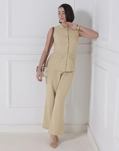 Image of Selvia Beige Lycra Textured Co-ord Set for Women, Button Front Waist Top and Trouser Pant