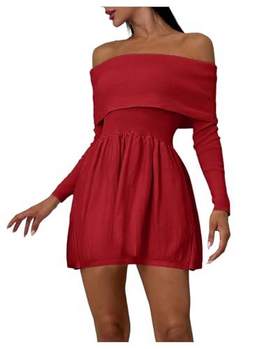 SOLY HUX Women's Off The Shoulder Sweater Dress Long Sleeve A Line Ruffle Hem Knit Mini Dresses Solid Red Large