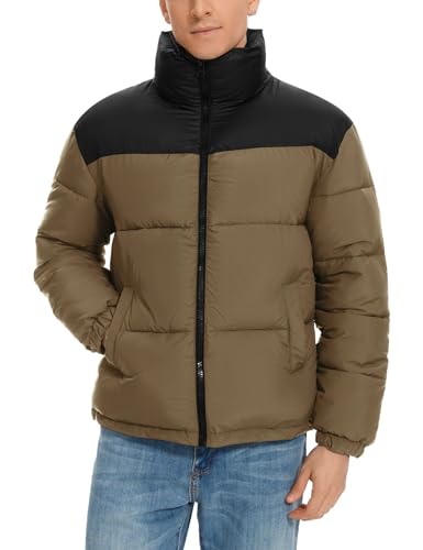 Image of PEHMEA Men's Puffer Jacket Stand Collar Zipper Coat with Pockets Retro Bubble Outwear for Winter