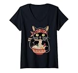 Photo Gallery donna kawaii cat mangia ramen tagliatelle giapponesi ciotola amante foodie maglietta con collo a v Photo Gallery donna kawaii cat mangia ramen tagliatelle giapponesi ciotola amante foodie maglietta con collo a v