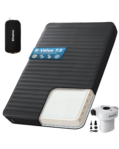 Image of KingCamp PREMIUM DOUBLE Self Inflating Sleeping Pad with Air Pump, 7.5 R-Value Air & Foam Camping Mattress 2 Person, 3 inch Thick Full Size Double Insulated Sleeping Pad for Car Camp Tent, PVC Free, Black